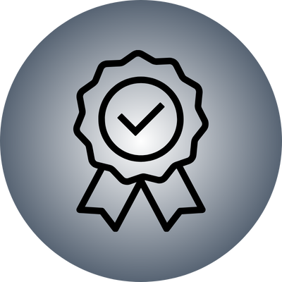 Ribbon badge icon with a checkmark in the center on a gray background.