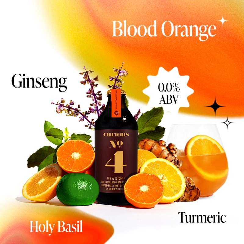A bottle of Curious No. 4 drink with its ingredients: blood orange, holy basil, turmeric, and ginseng.
