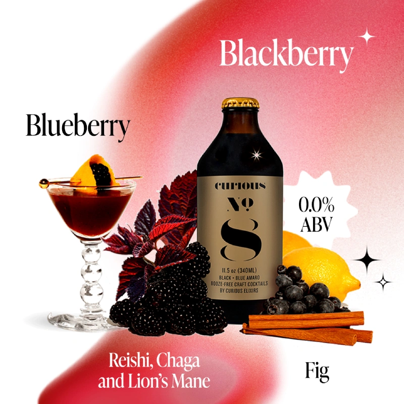 A bottle of Curious No. 8 drink next to a cocktail and its ingredients on a stylized background.
