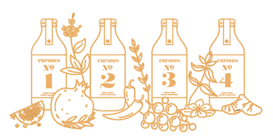 A line drawing of four bottles labeled Curious No. 1-4 with illustrations of various fruits and herbs.