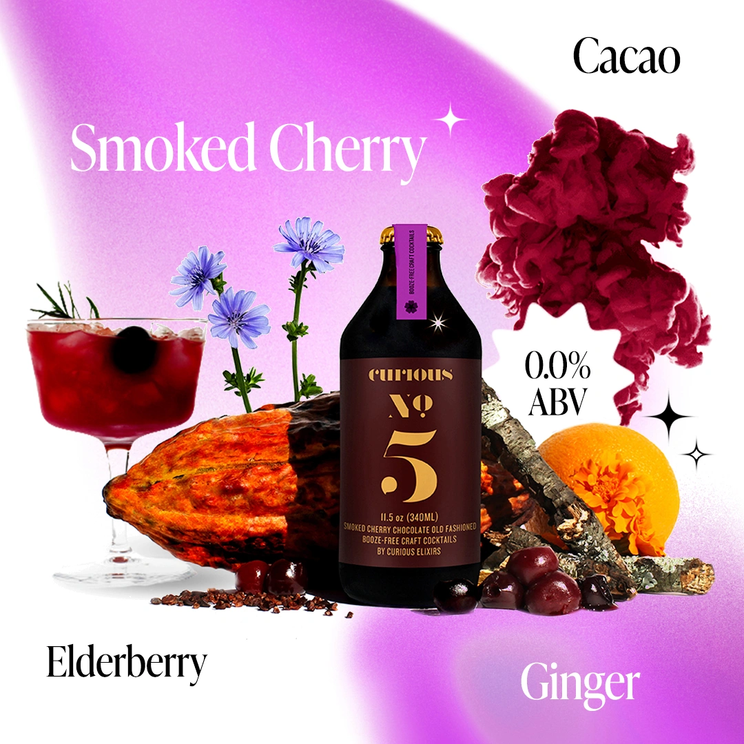 A bottle of Curious No. 5 non-alcoholic cocktail with a drink and ingredients like cacao, cherry, and ginger.