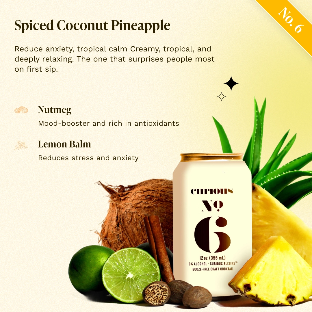 A can of Curious Elixirs No. 6 surrounded by fresh pineapple, coconut, lime, and various spices.