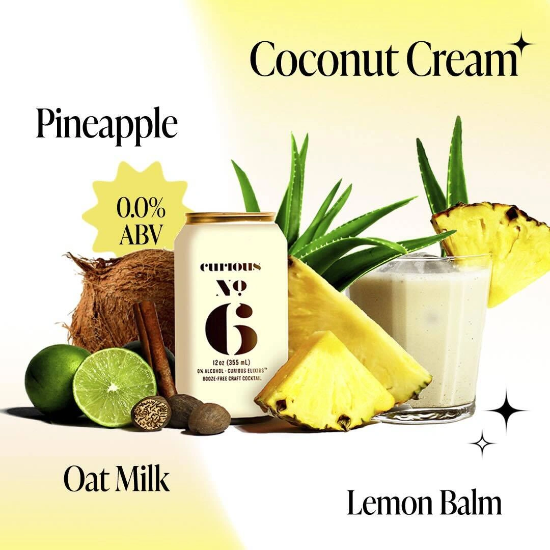 A can of Curious No. 6 non-alcoholic drink surrounded by pineapple, coconut, limes, and spices.