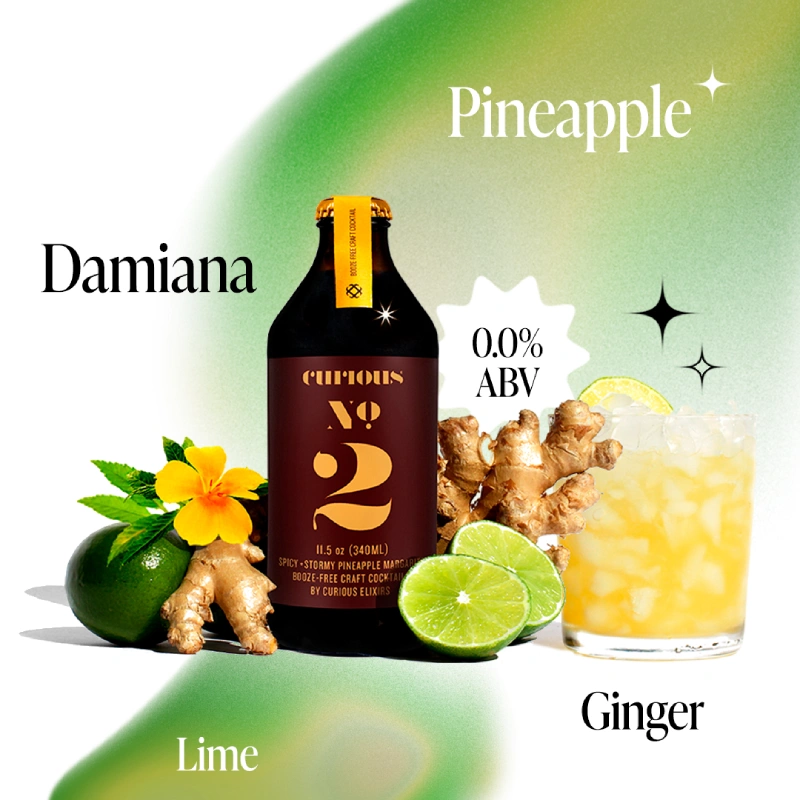 A bottle of Curious No. 2 non-alcoholic cocktail with its ingredients: pineapple, lime, ginger, and damiana.