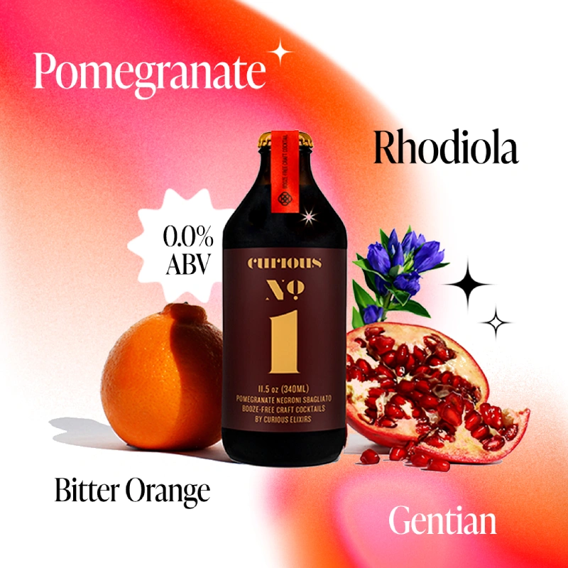 A bottle of Curious No 1 surrounded by its ingredients: pomegranate, bitter orange, and gentian flowers.
