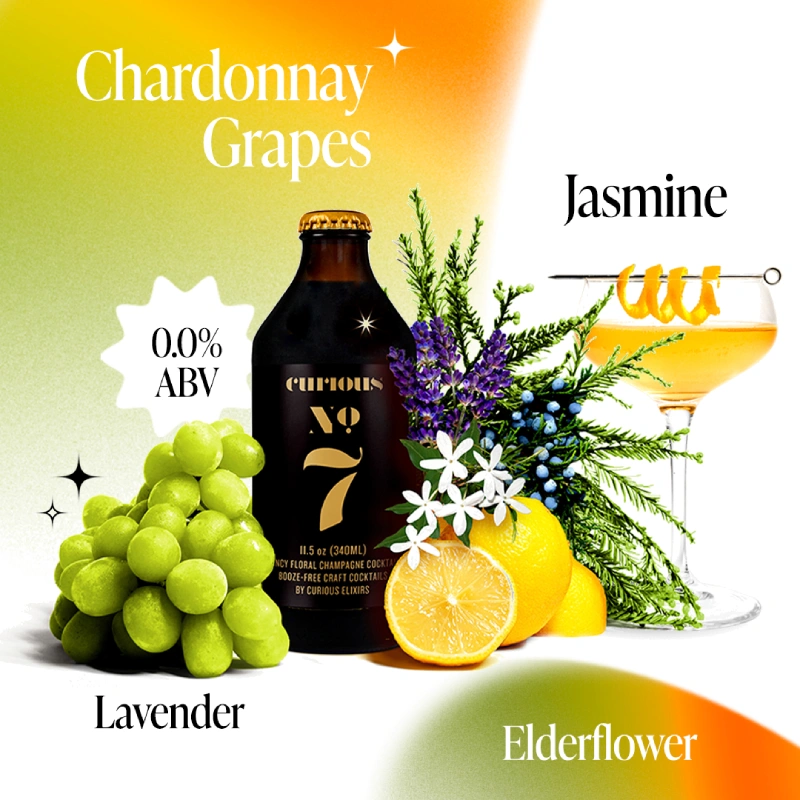 A bottle of Curious No. 7 non-alcoholic cocktail surrounded by its ingredients: grapes, lemon, lavender, and jasmine.