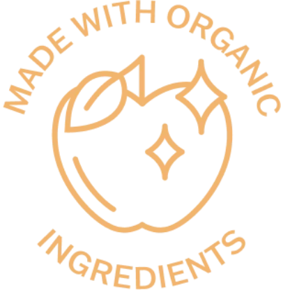 A 'Made With Organic Ingredients' icon featuring a line drawing of a sparkling apple.