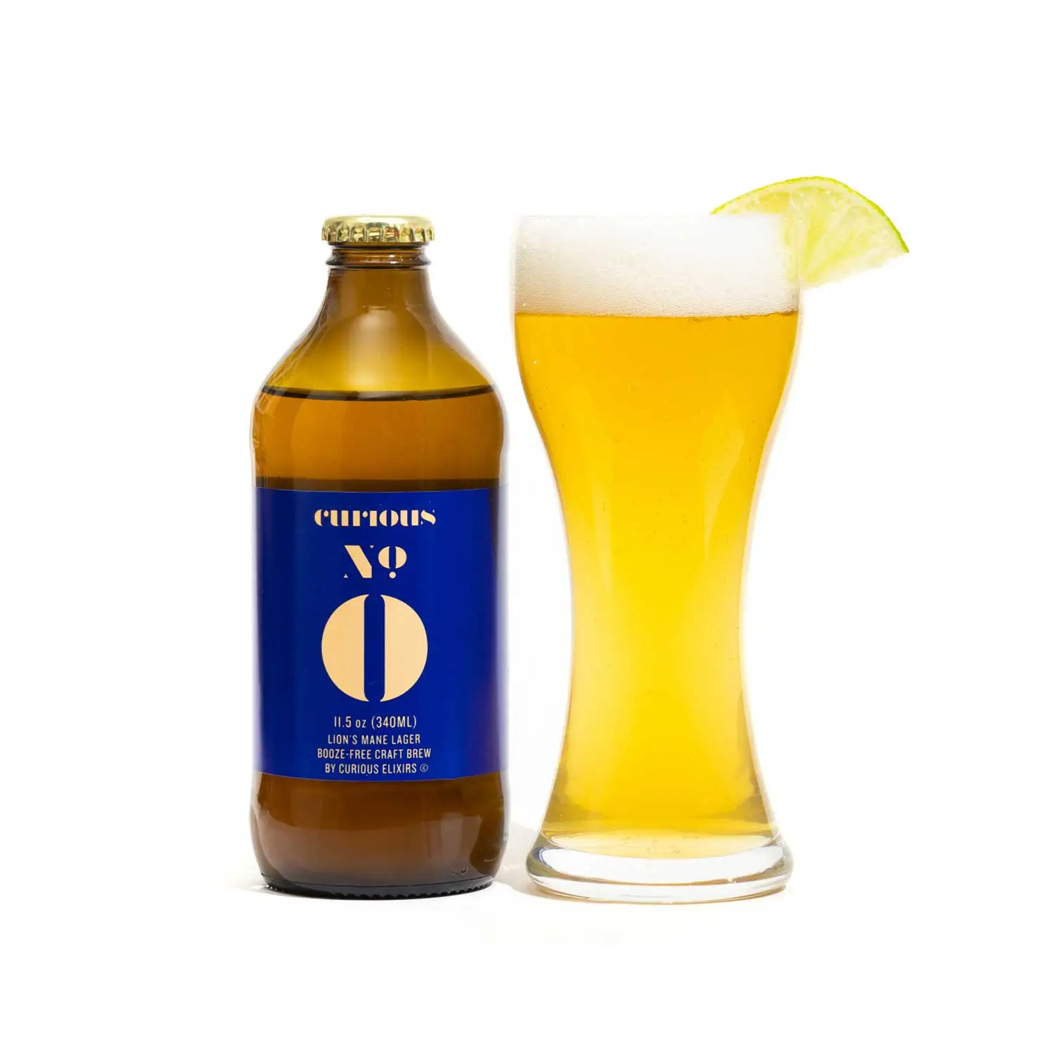 A bottle of Curious No. 0 Lion's Mane Lager next to a glass of beer with a lime.