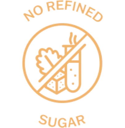 An orange icon with the text 'No Refined Sugar' and a crossed-out sugar cube and test tube.