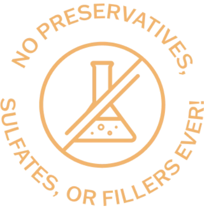 An icon of a crossed-out beaker with text reading 'No preservatives, sulfates, or fillers ever!'