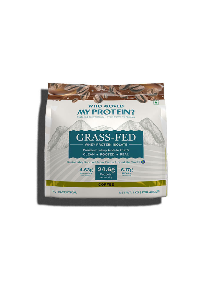 Pack of grass-fed whey protein isolate, coffee flavor, with text detailing nutritional information.