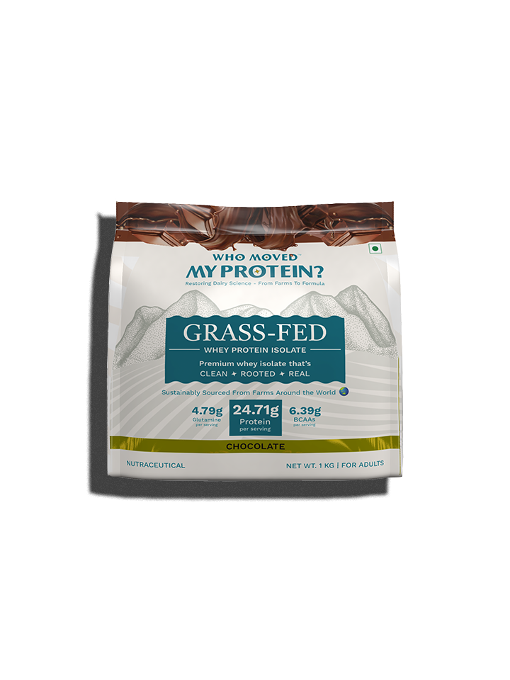 Bag of grass-fed whey protein isolate, chocolate flavor.