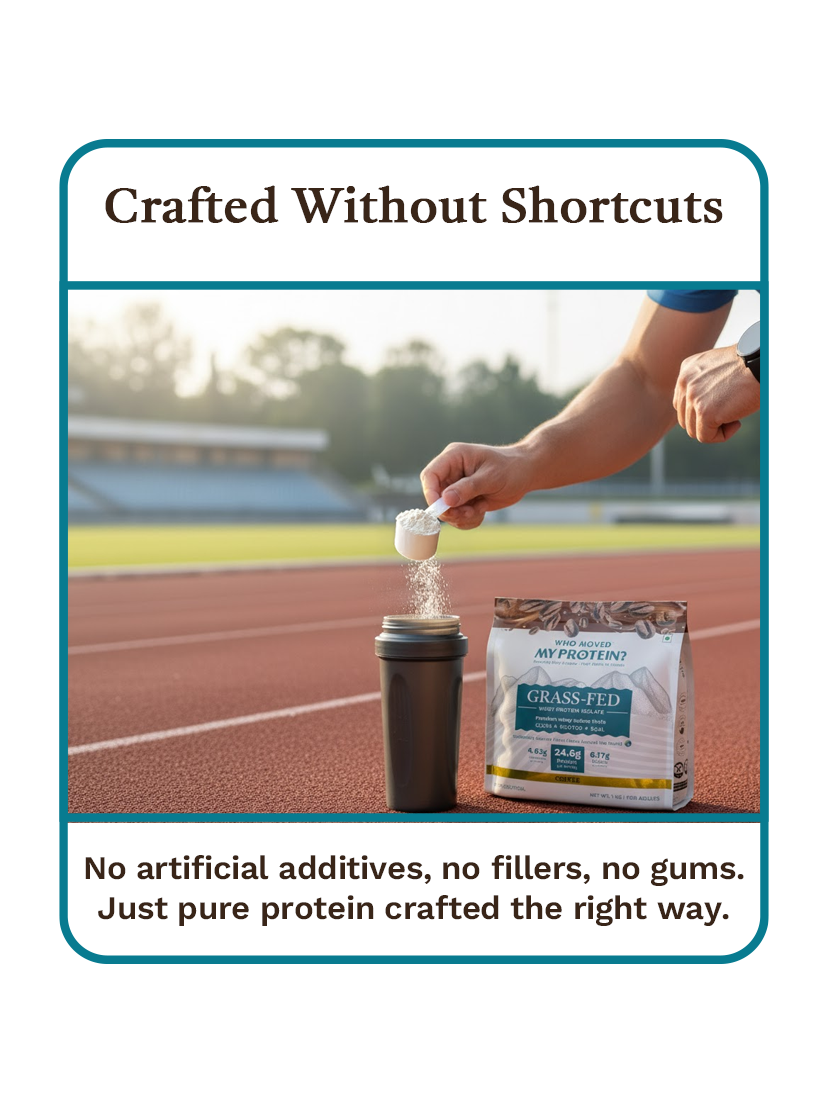 A person pours a scoop of protein powder into a shaker bottle on a running track.