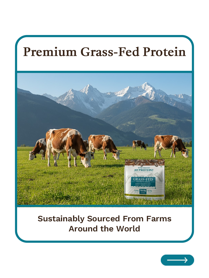 An ad for Myprotein Grass-Fed protein, showing cows grazing in a mountain pasture with the product.