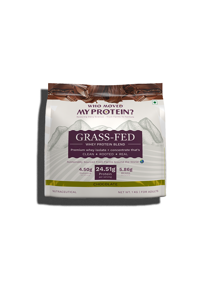 Grass-fed whey protein blend package, chocolate flavor, 1 kg, labeled for adults.