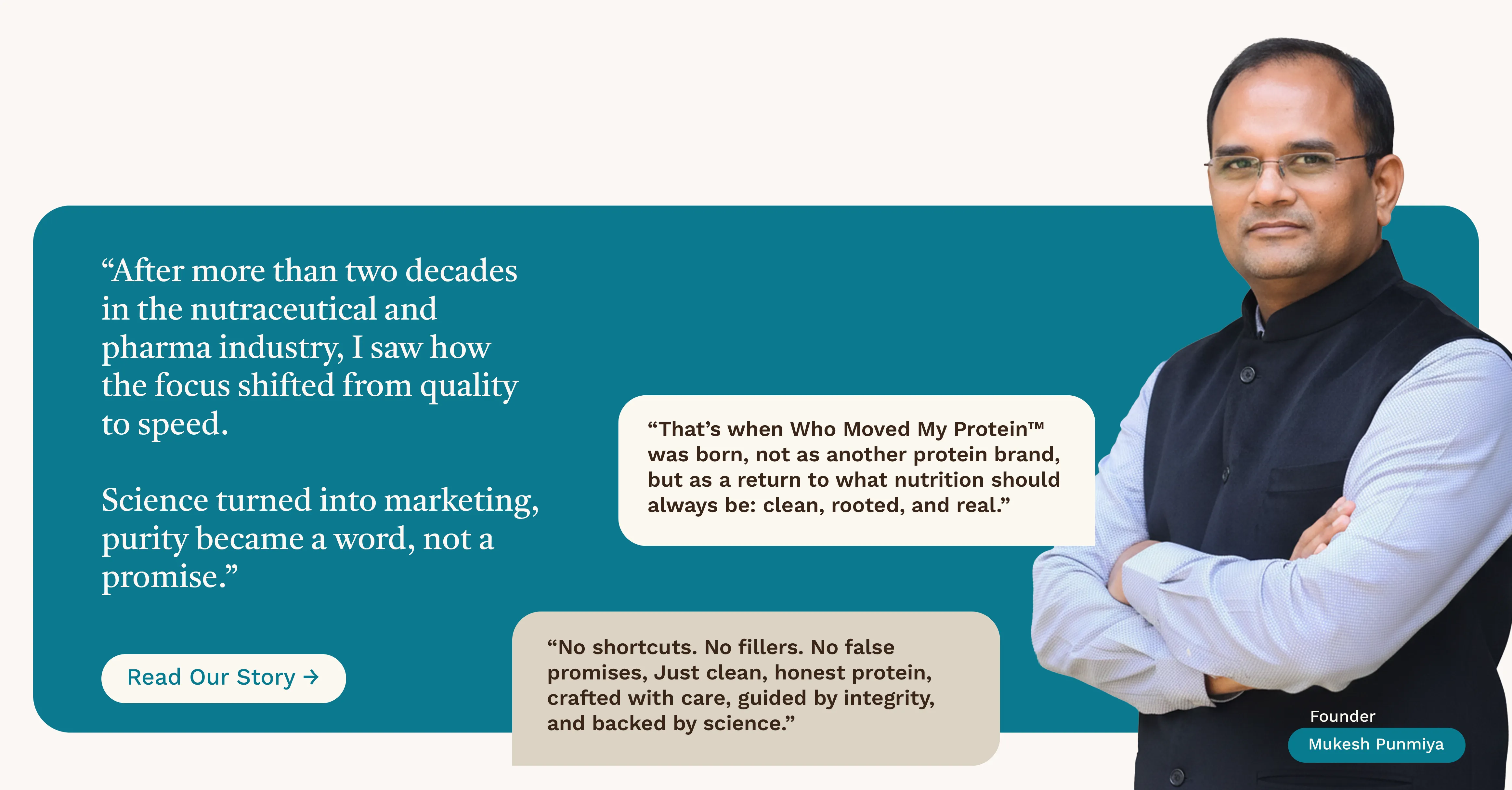 Mukesh Punmiya, Founder, stands with arms crossed next to text quotes on a teal and white background.