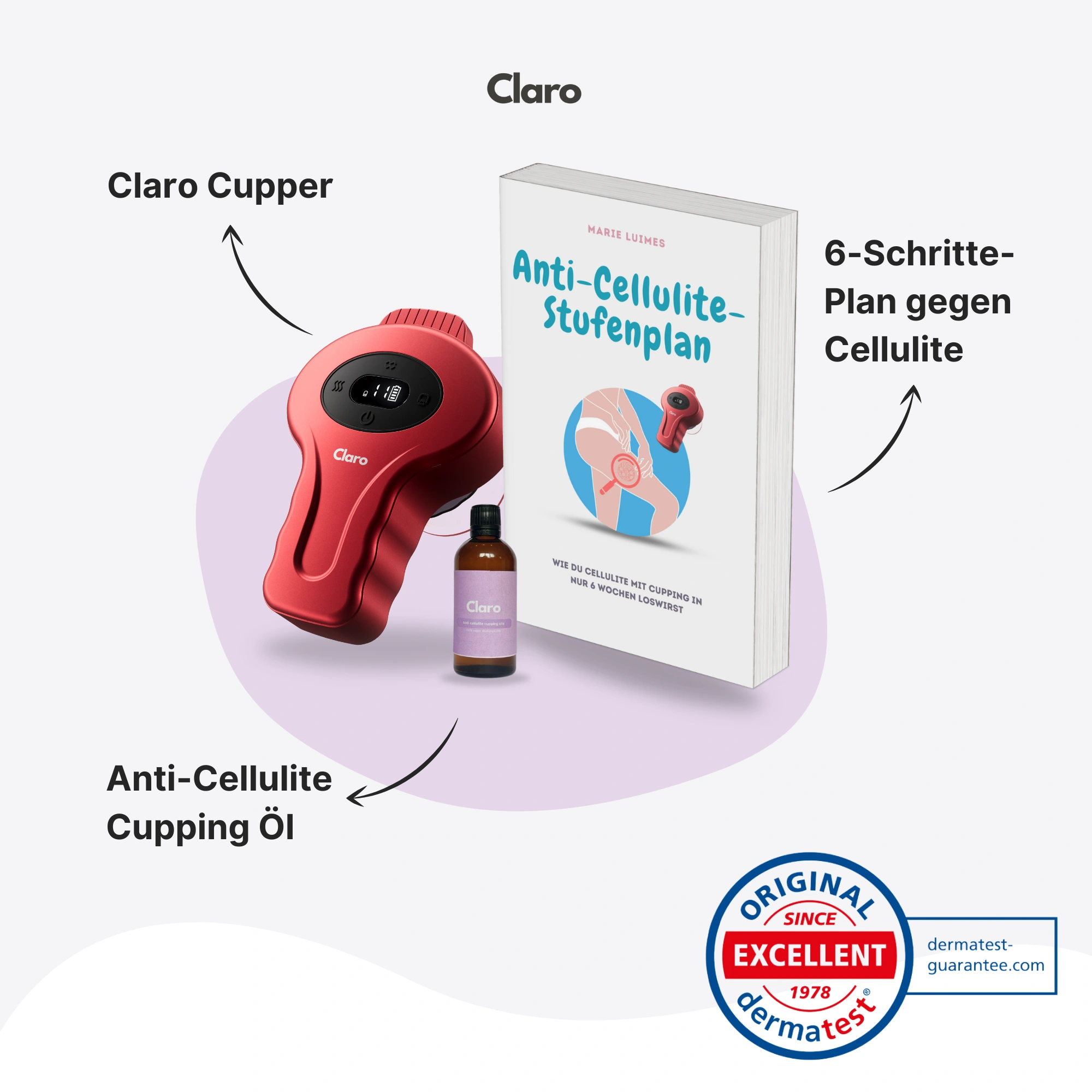 Claro cupping device, anti-cellulite oil, and book with German text on cellulite treatment.