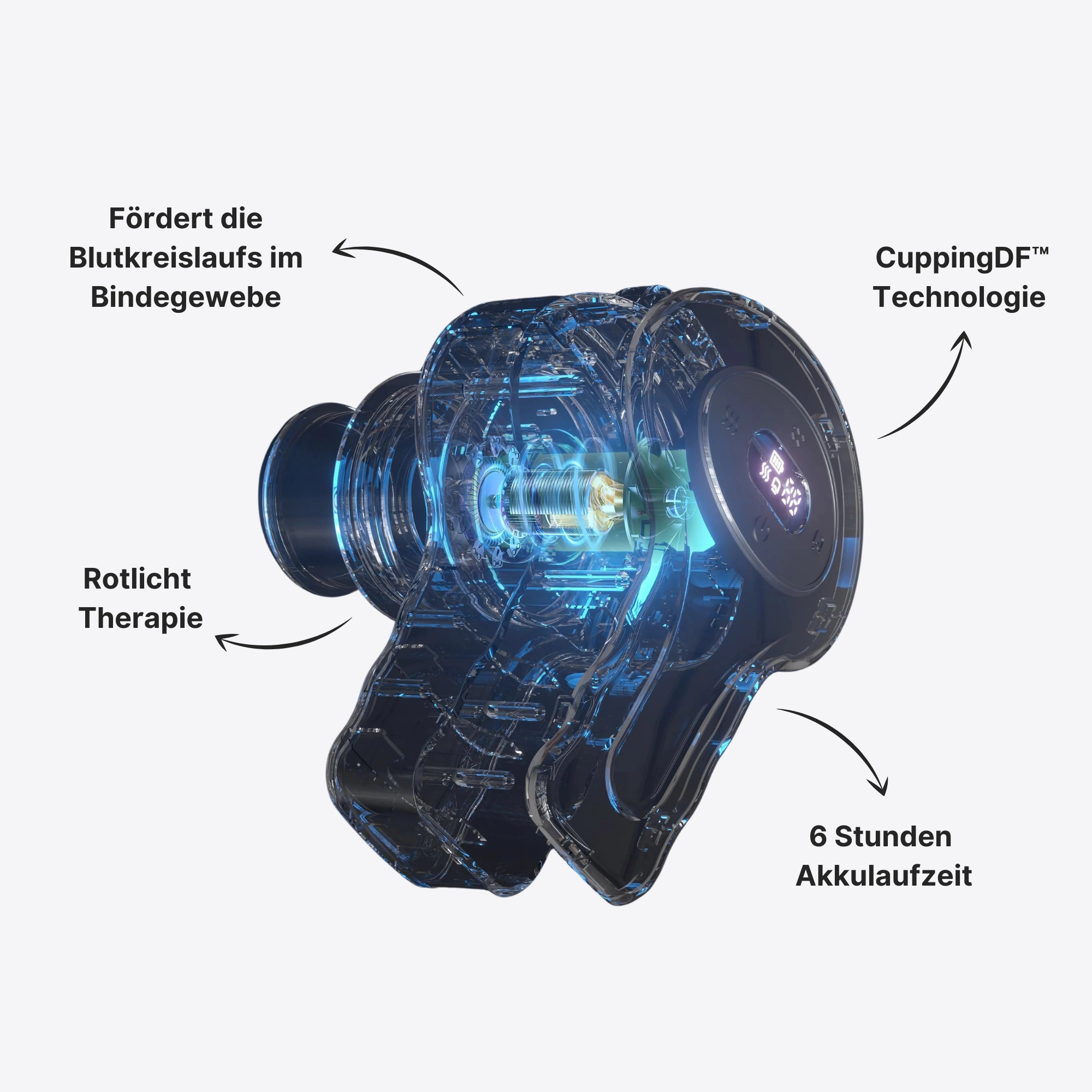 Transparent device with labeled features and glowing internal components.