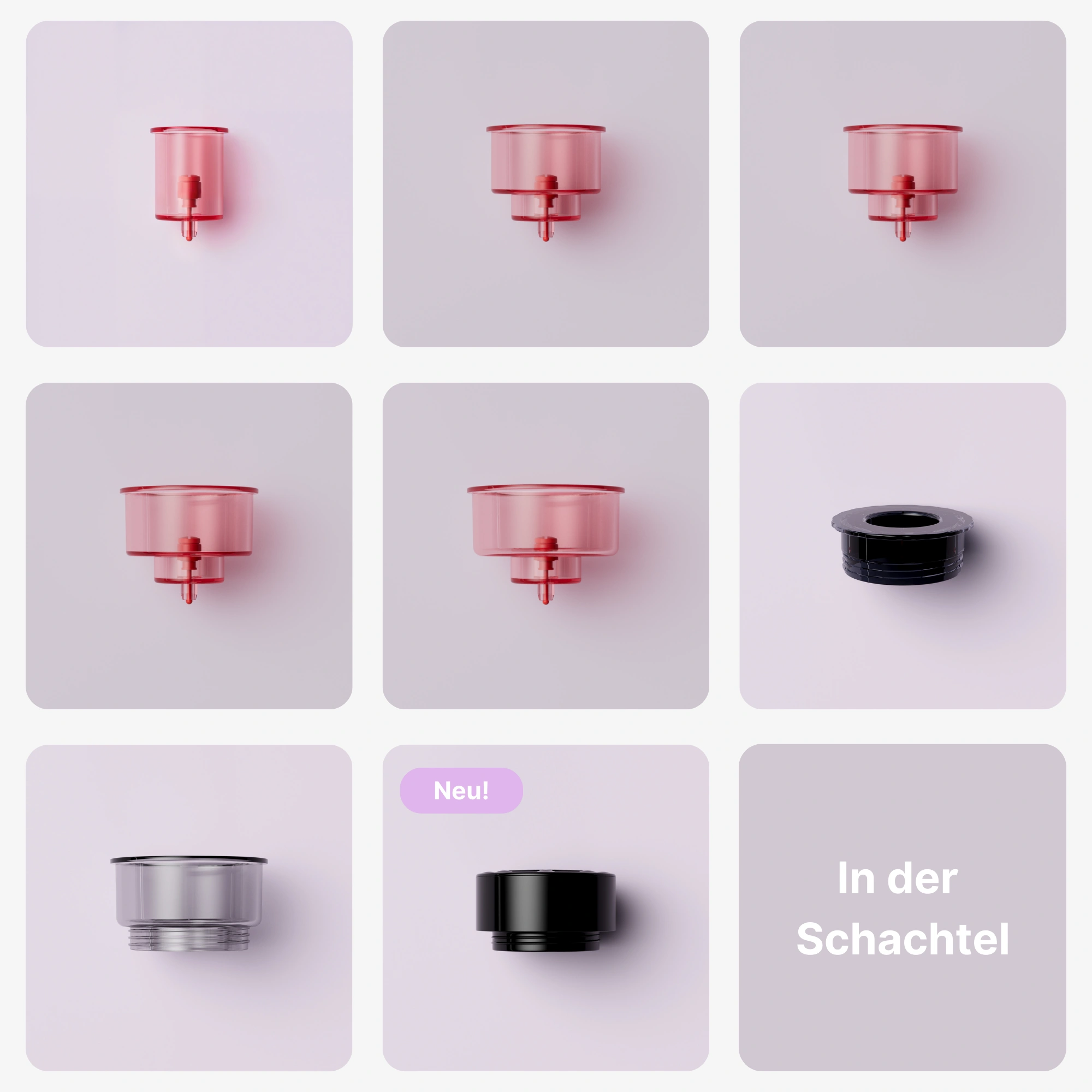 Grid of various red and black cylindrical objects on a light background.