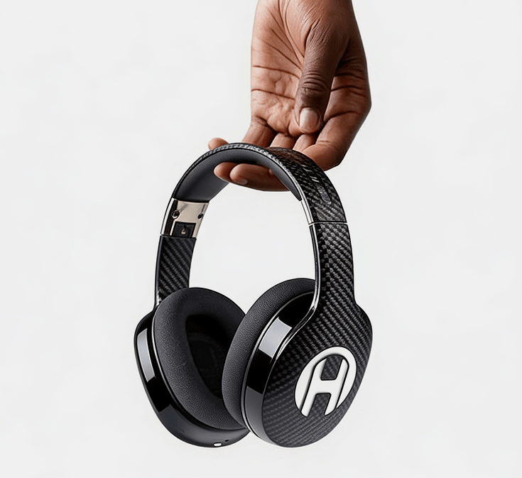 A hand holds a pair of black, carbon fiber headphones against a plain light gray background.
