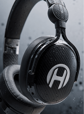 A close-up of wet, black headphones with a carbon fiber finish and an 'H' logo.