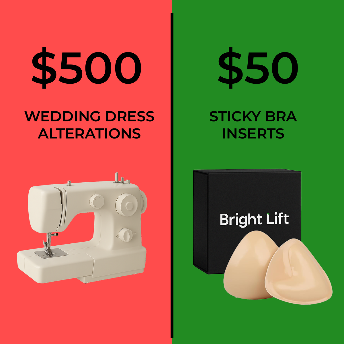 Comparison of wedding dress alterations and sticky bra inserts with prices.