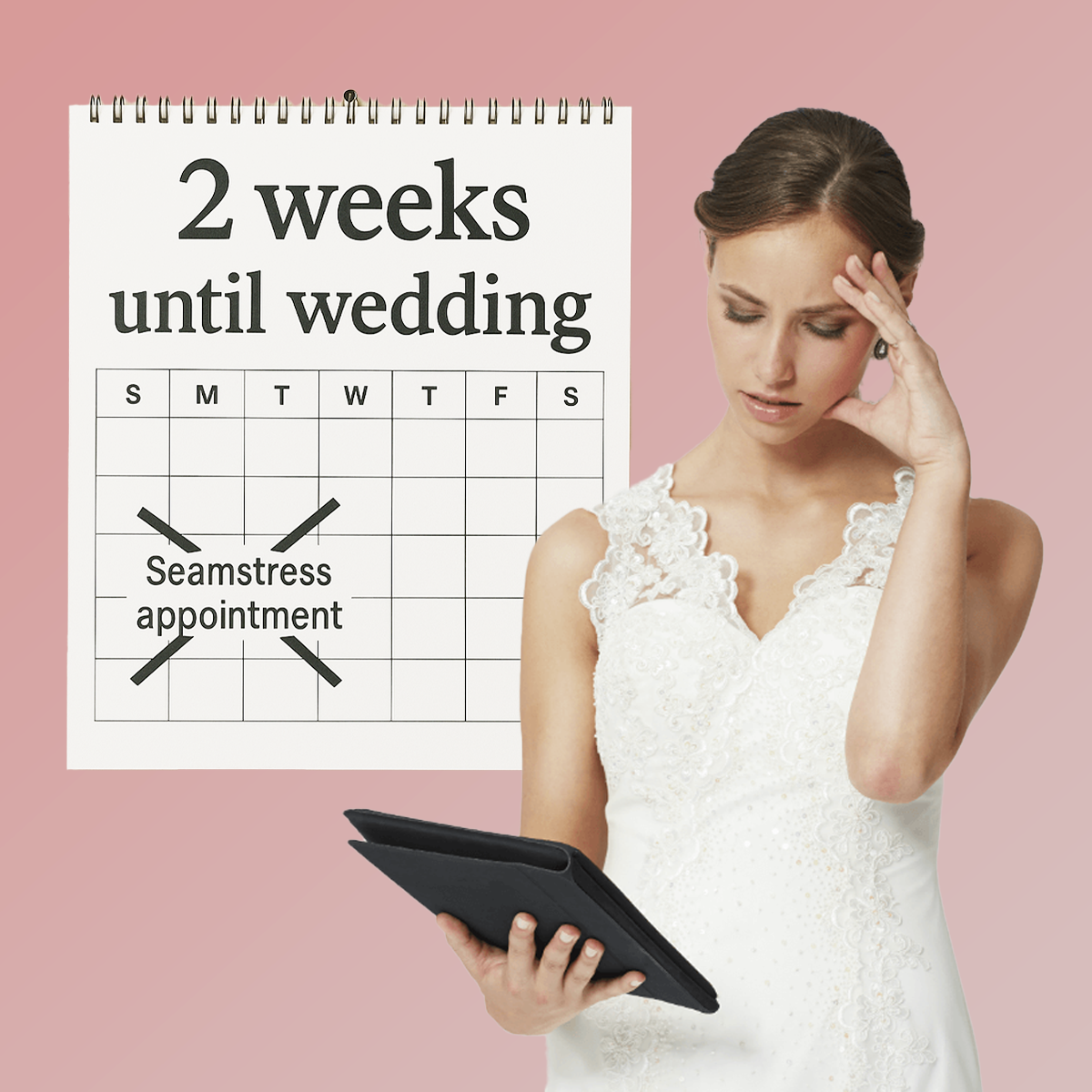Bride in wedding dress holding tablet, calendar shows '2 weeks until wedding' and 'Seamstress appointment' crossed out.