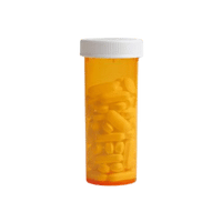 Orange pill bottle with white cap, filled with yellow pills.