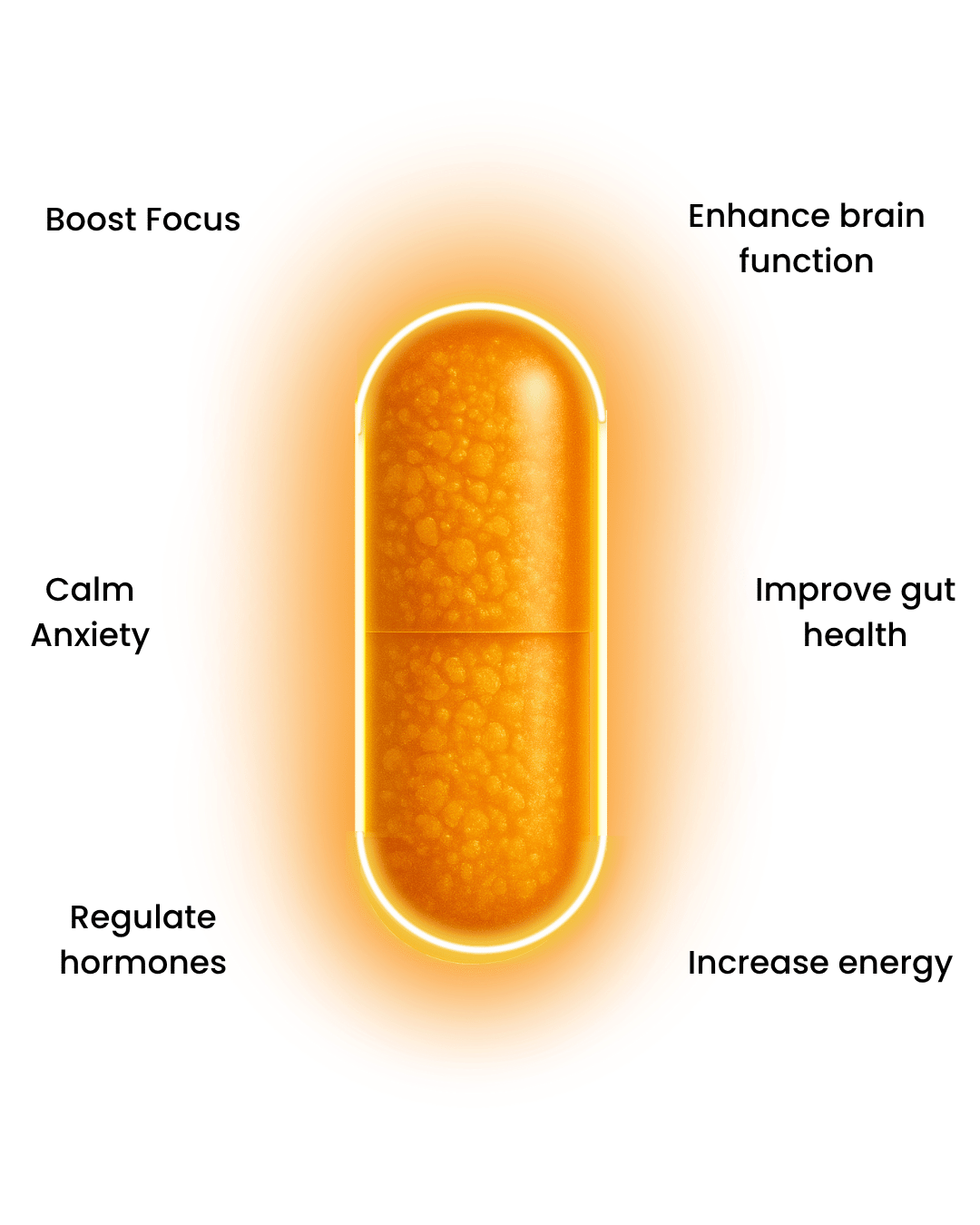 Orange capsule with benefits like focus, brain function, gut health, energy, anxiety, and hormone regulation.