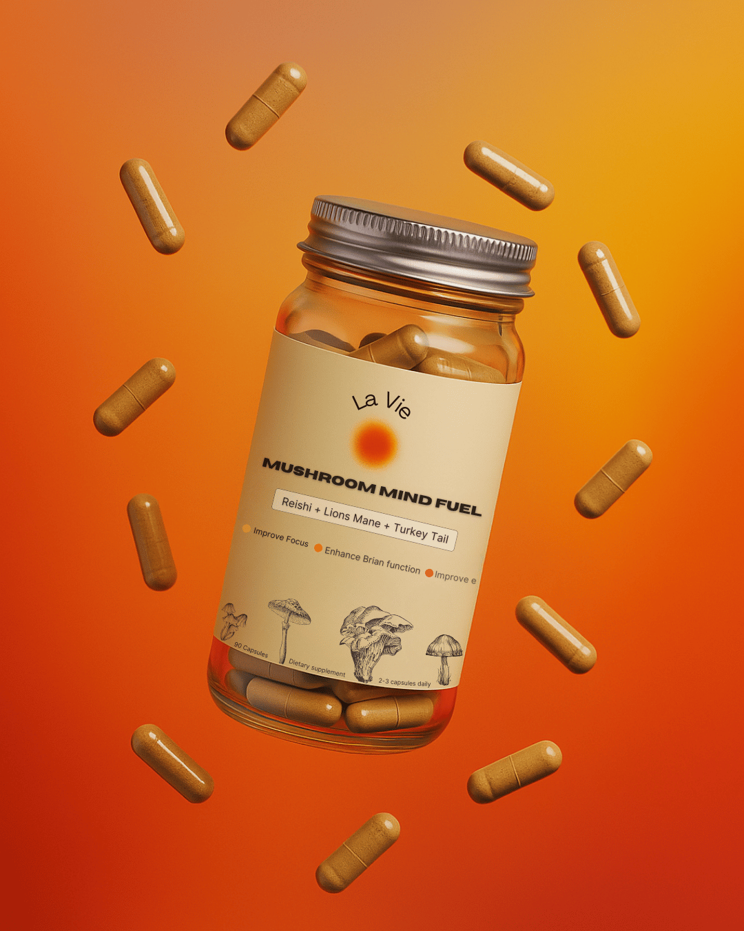 Jar of mushroom supplements with capsules floating around on an orange background.