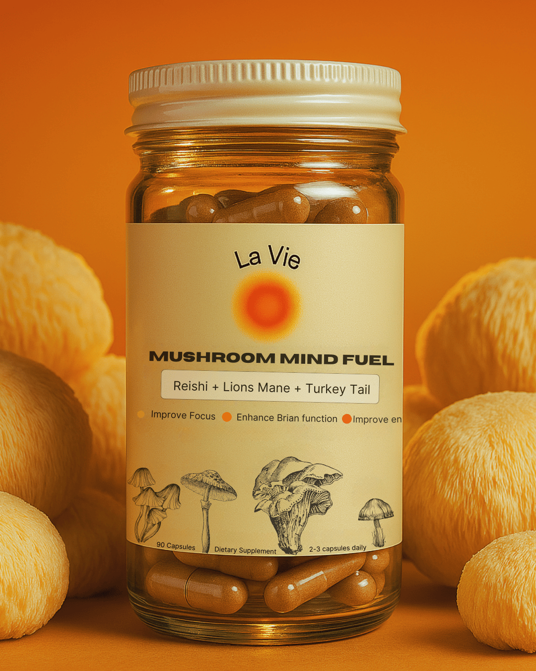 Jar of mushroom supplements labeled 'Mushroom Mind Fuel' with capsules inside.