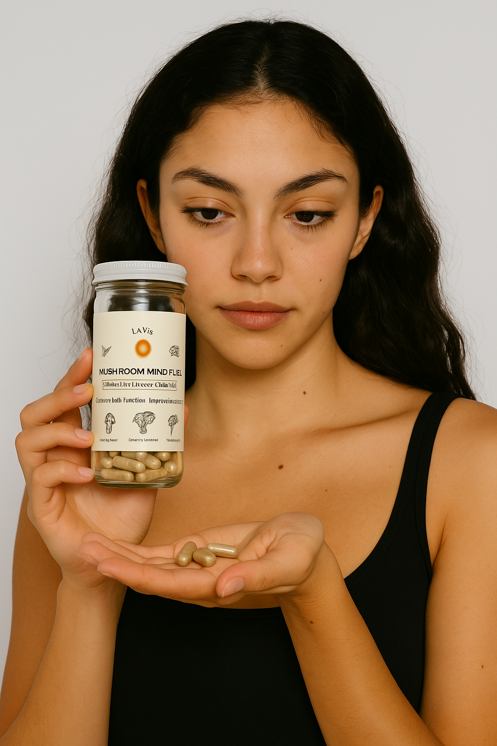 Person holding a jar of mushroom supplements and capsules in hand.