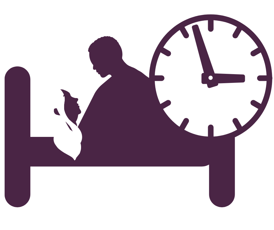 A purple silhouette illustration of two people in bed with a large clock behind them.