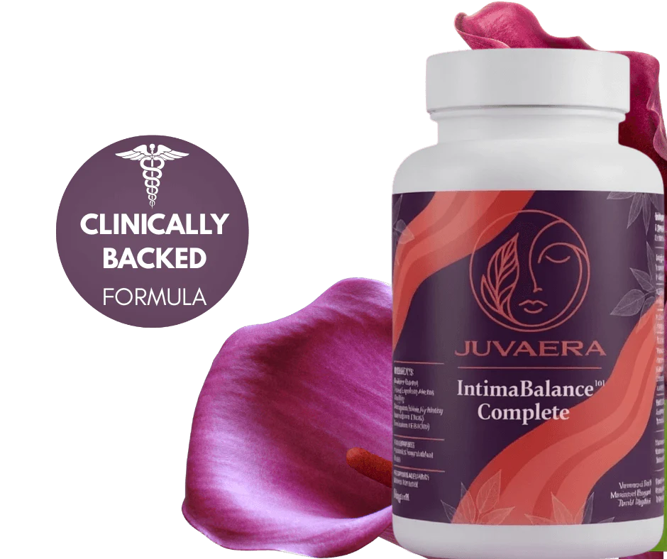 A bottle of Juvaera IntimaBalance Complete supplements next to purple flower petals and a clinically backed formula badge.
