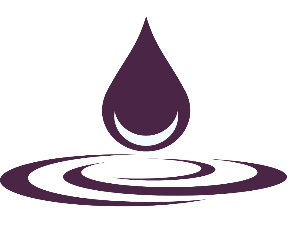 A purple droplet with a white smile inside, hovering over purple ripples on a green background.