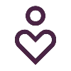 A purple icon of a person with a heart-shaped body and a circle for a head on a green background.