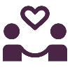 A purple icon on a green background of two figures holding hands with a heart above them.