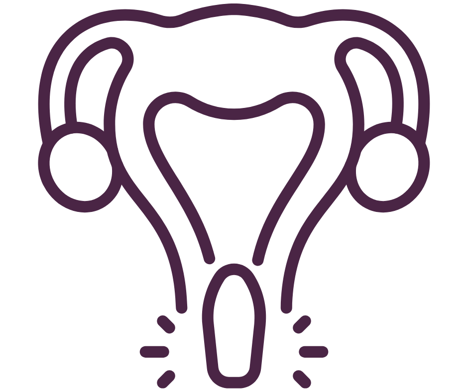 A purple line icon of a uterus and ovaries on a green background.