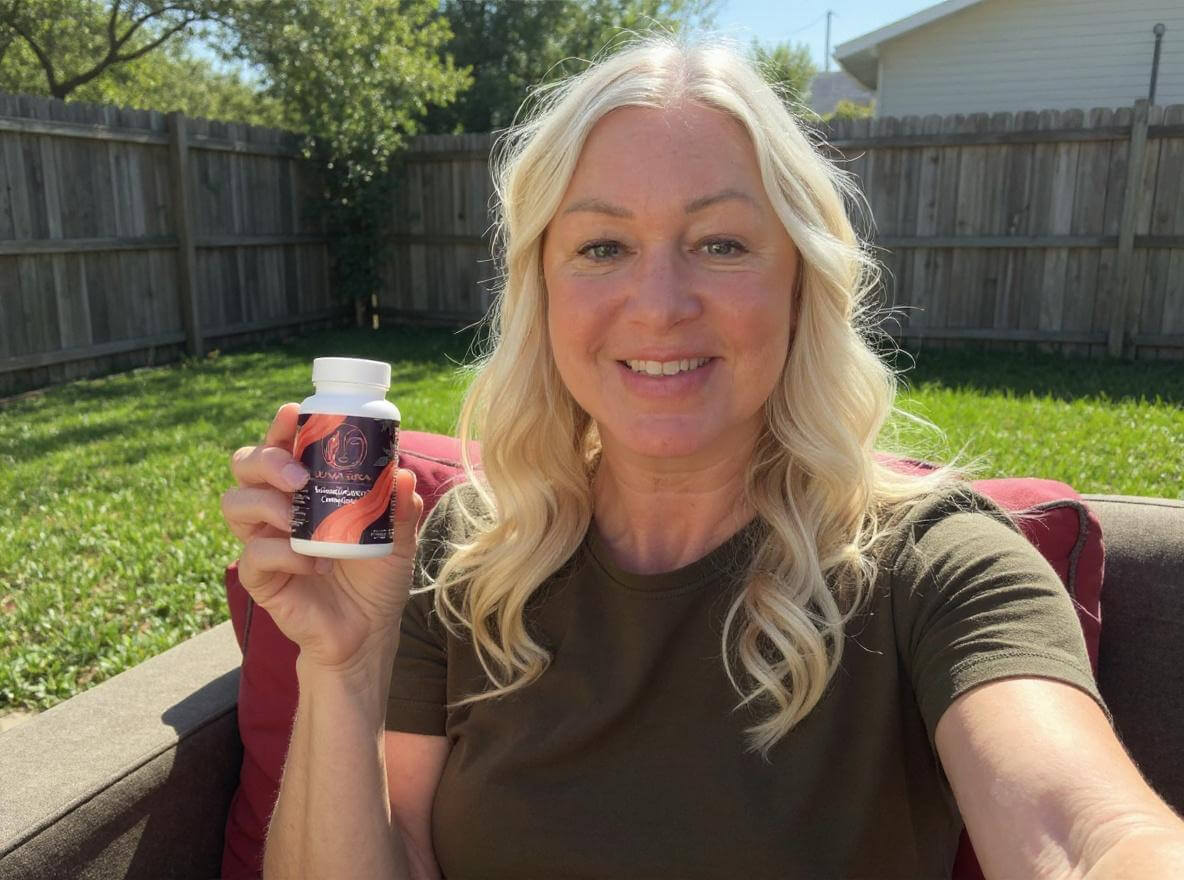 A smiling blonde woman sits in a chair outdoors, holding a bottle of supplements.
