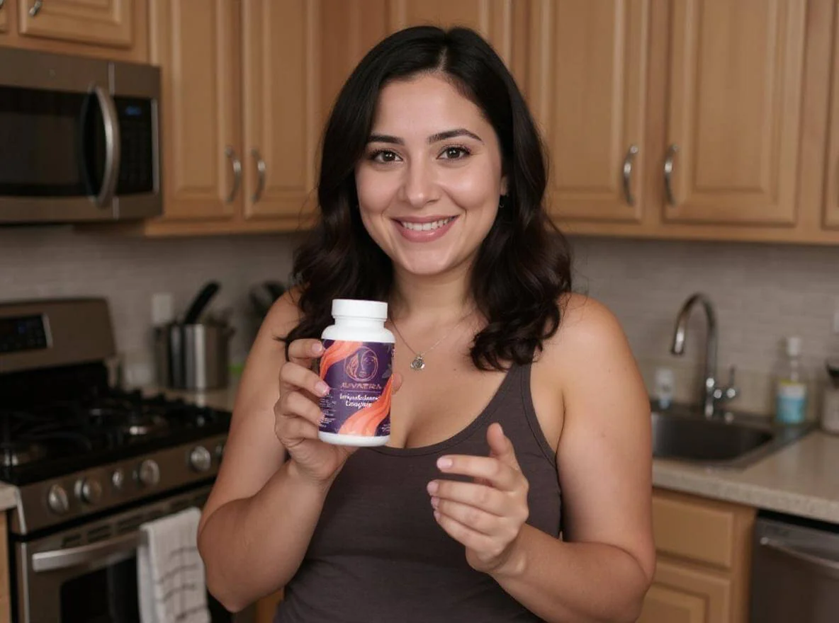 A smiling woman in a kitchen holds up a white bottle with a purple and orange label.