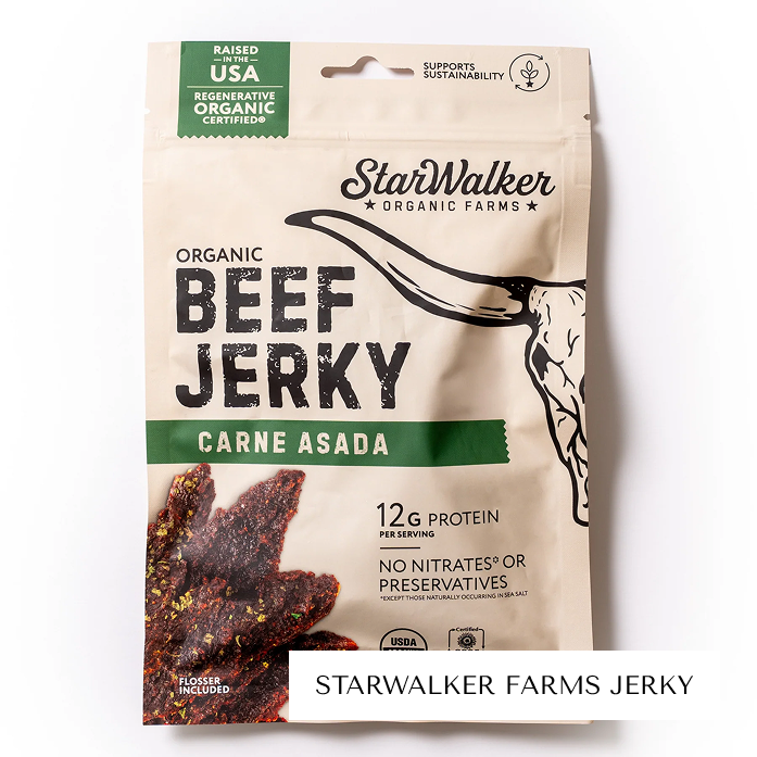 Bag of organic beef jerky from StarWalker Farms, labeled Carne Asada.