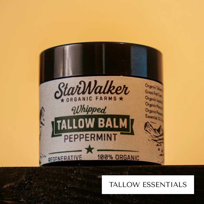 A jar of StarWalker Organic Farms whipped tallow balm, peppermint flavor.