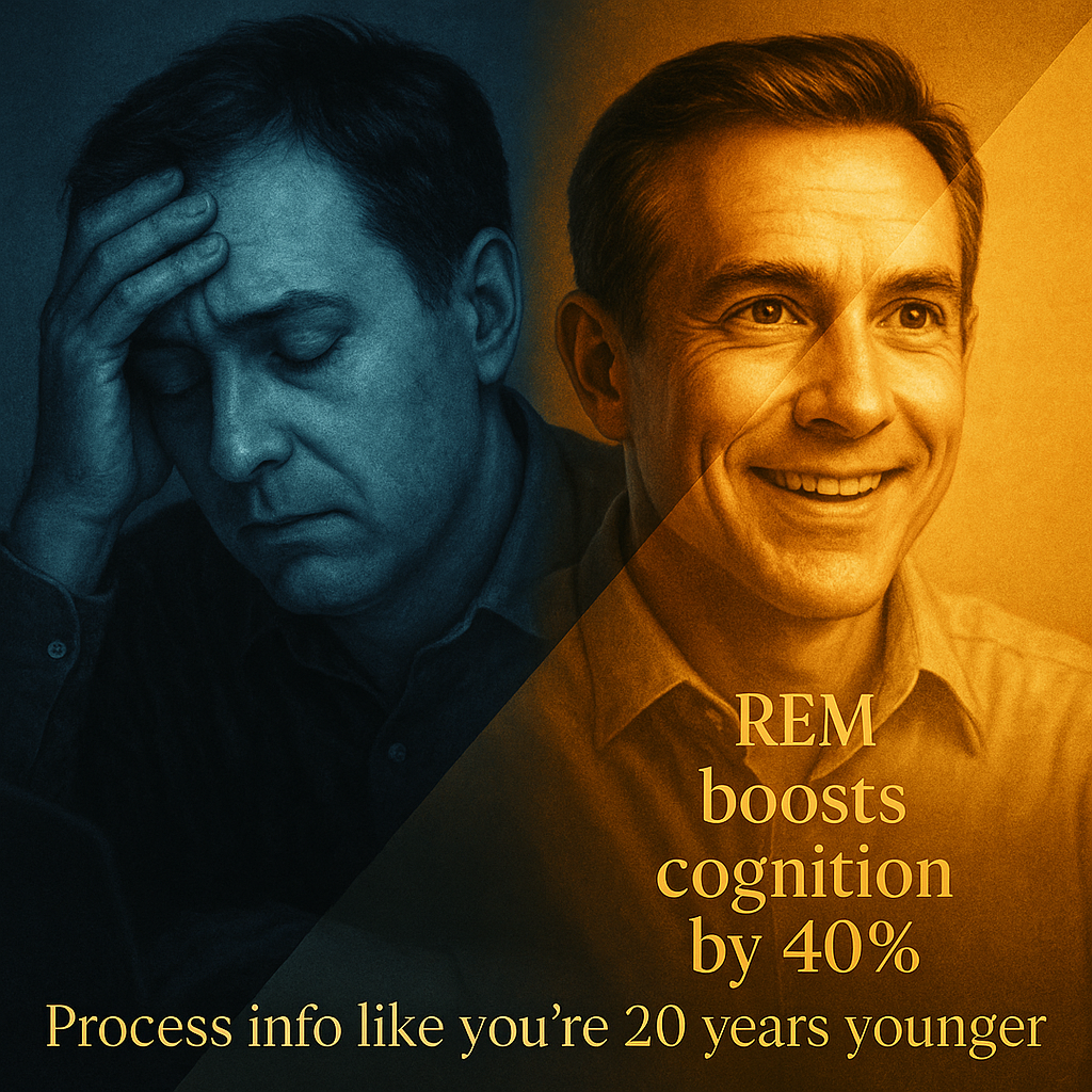 Split image of a sad man and a smiling man with text about REM boosting cognition.