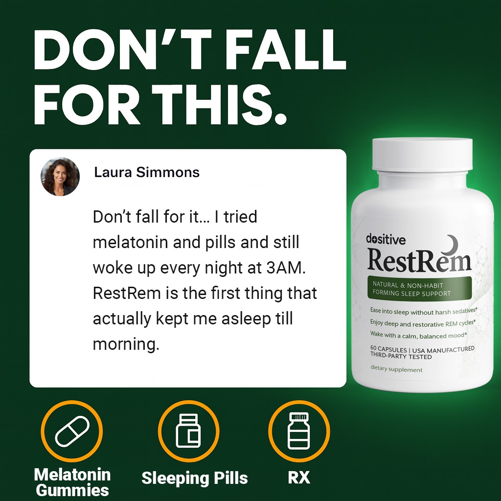 Advertisement for a sleep supplement with testimonial and product image.