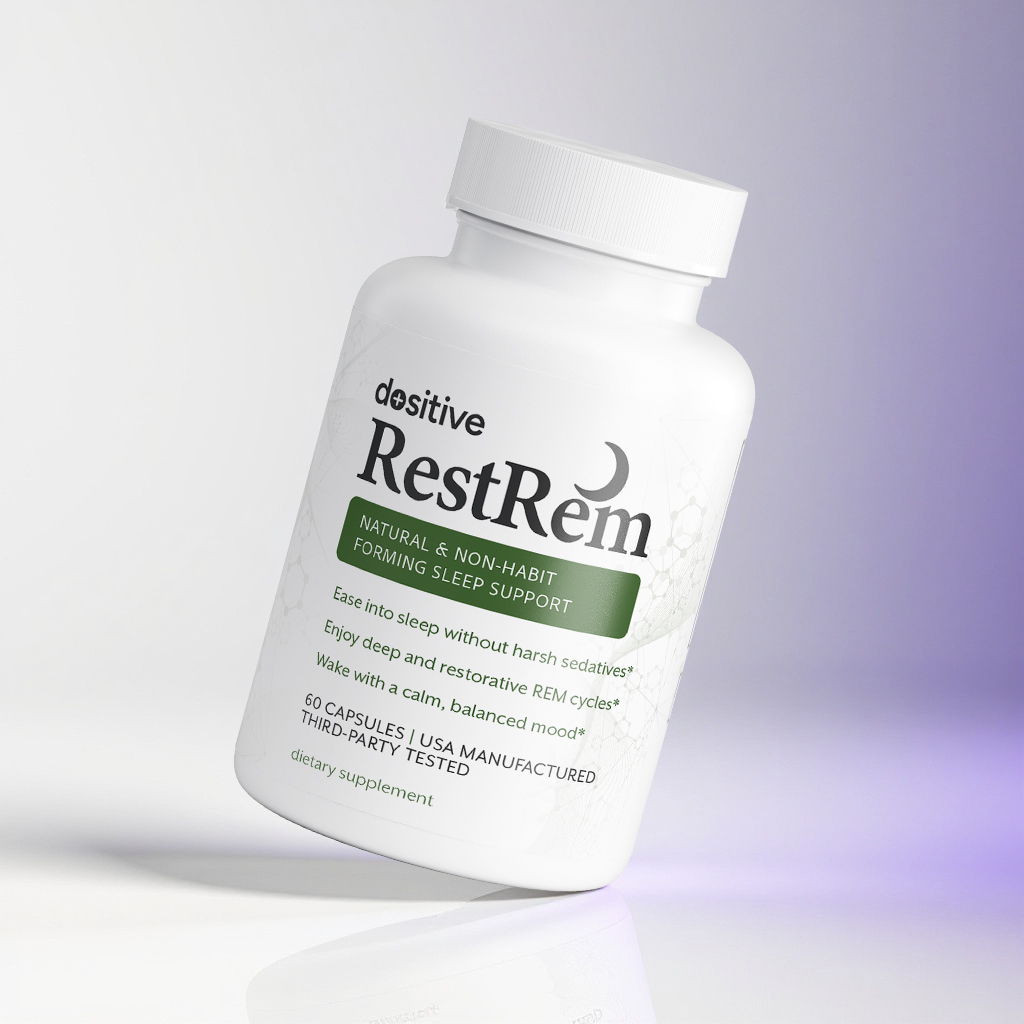 White bottle labeled 'RestRem' for sleep support, with green and black text.