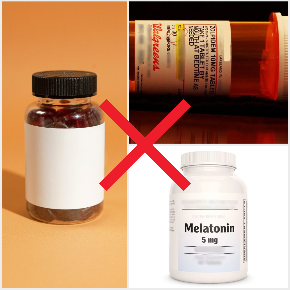 Three different pill bottles with a red 'X' overlay on the center image.