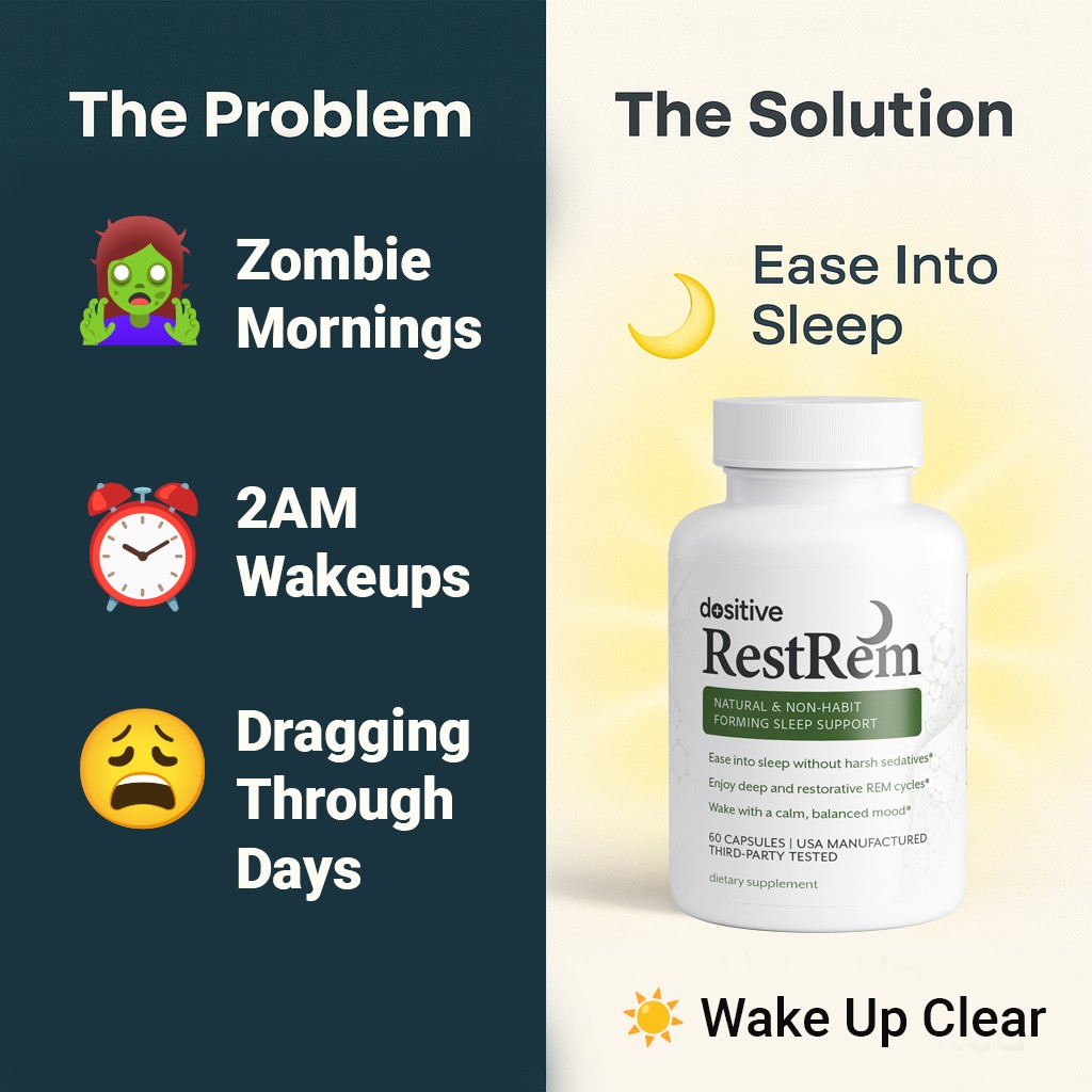 Infographic showing sleep problems and RestRem as a solution with emojis and text.