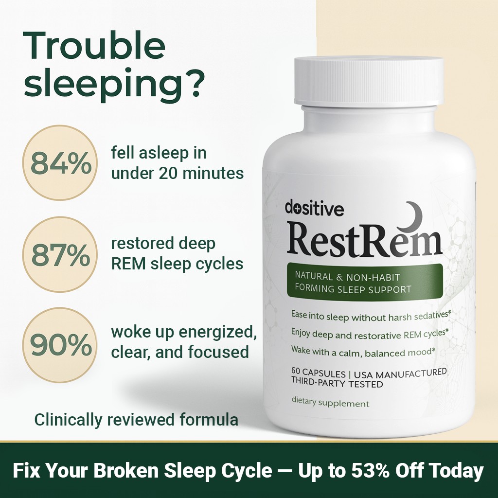 Product image for RestRem sleep support capsules with benefits and discount offer.