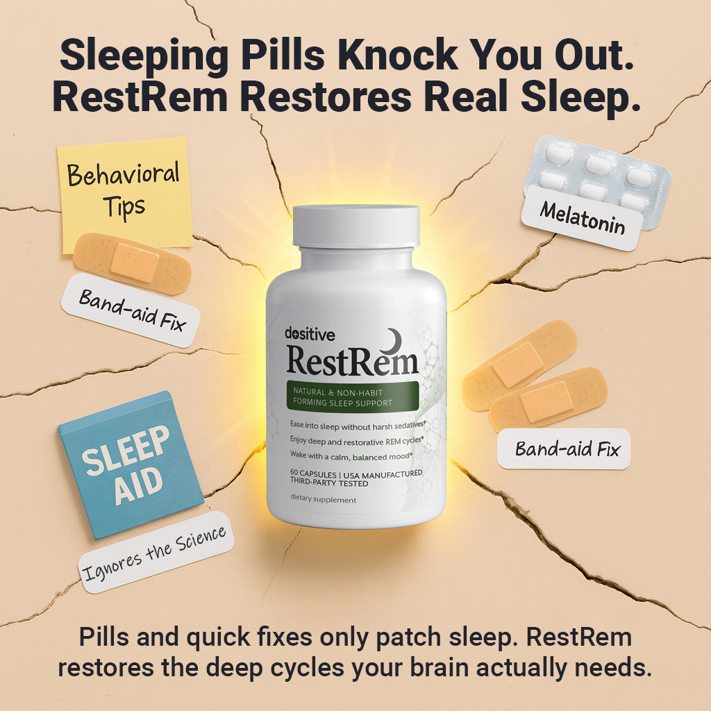 RestRem supplement bottle with cracked background; labeled pills, behavioral tips, and sleep aid.