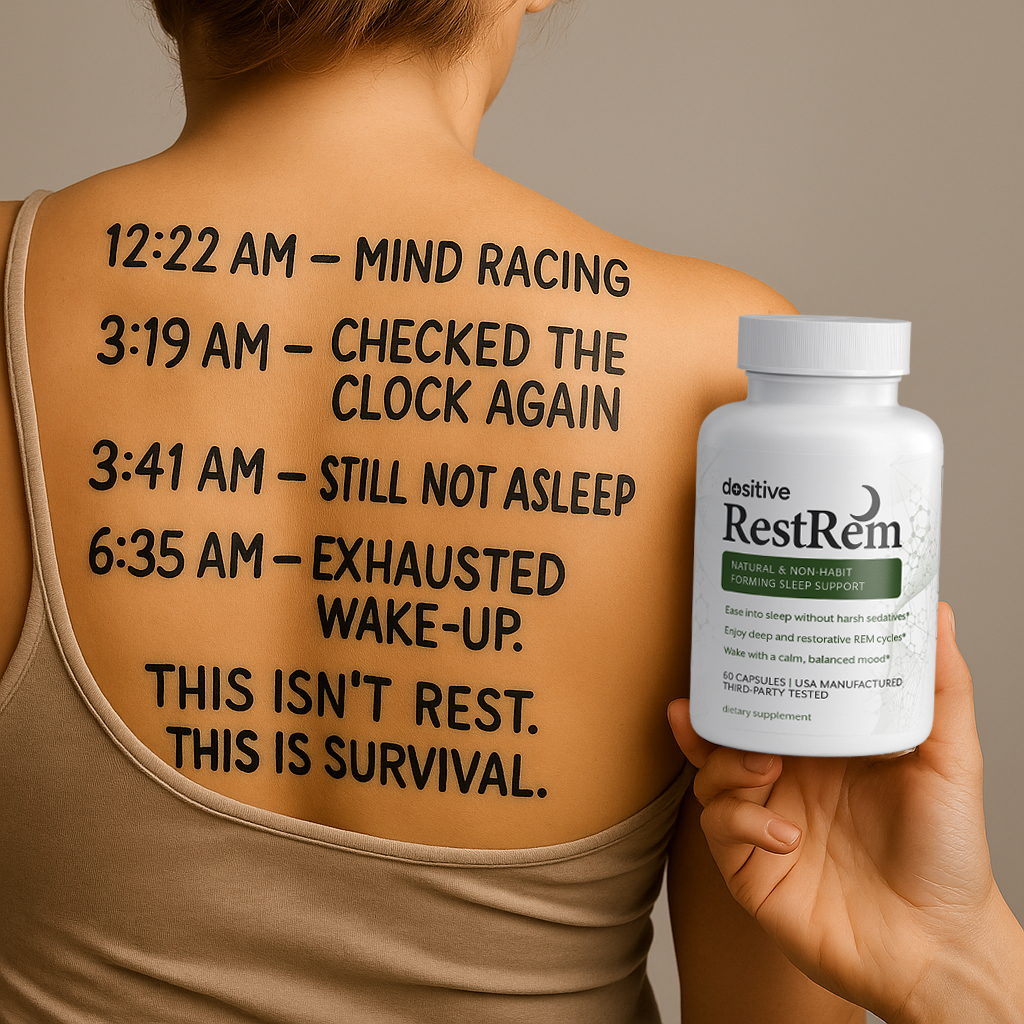 Text about insomnia on a woman's back with a person holding a RestRem supplement bottle.